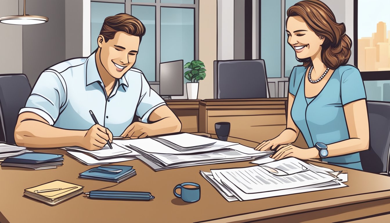A couple signing paperwork at a real estate office, with a stack of documents and keys on the table. A real estate agent stands nearby, smiling