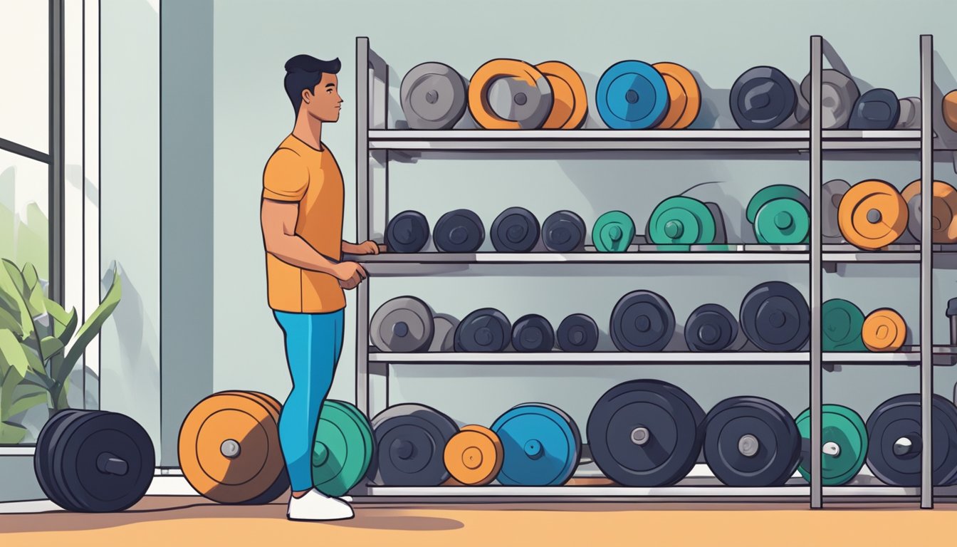 A person carefully selects various weights from a rack in a well-lit home gym, with shelves of neatly organized equipment in the background