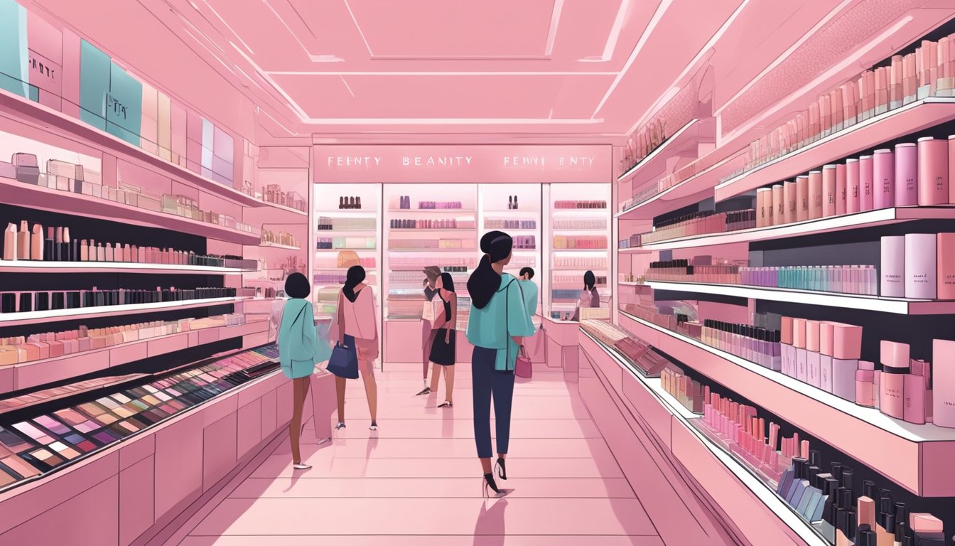 A bustling makeup store in Singapore displays shelves of Fenty Beauty products, with customers browsing and trying out various items