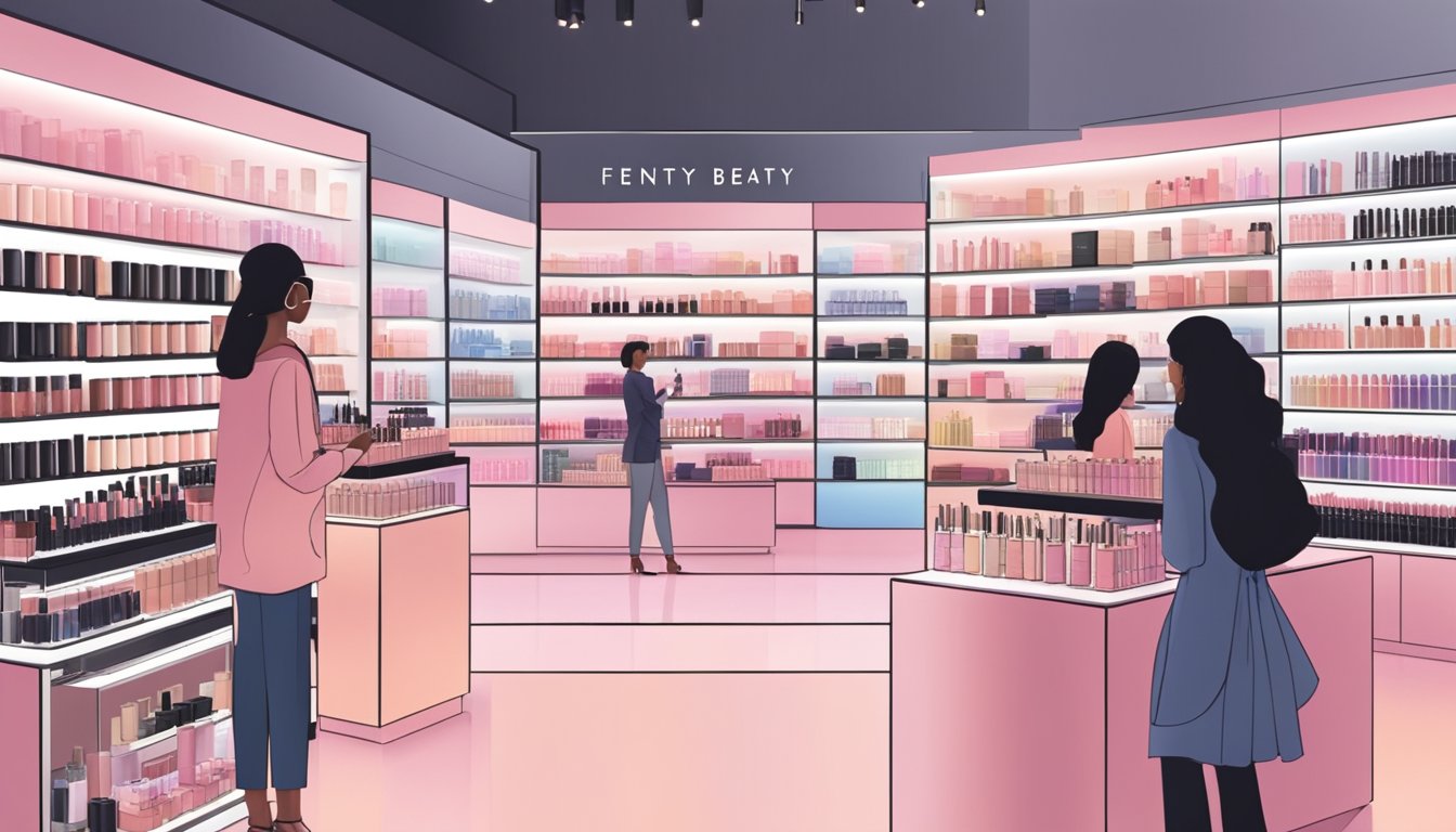 A bustling makeup store in Singapore showcases Fenty Beauty products on sleek display shelves, with customers browsing and testing the latest cosmetics
