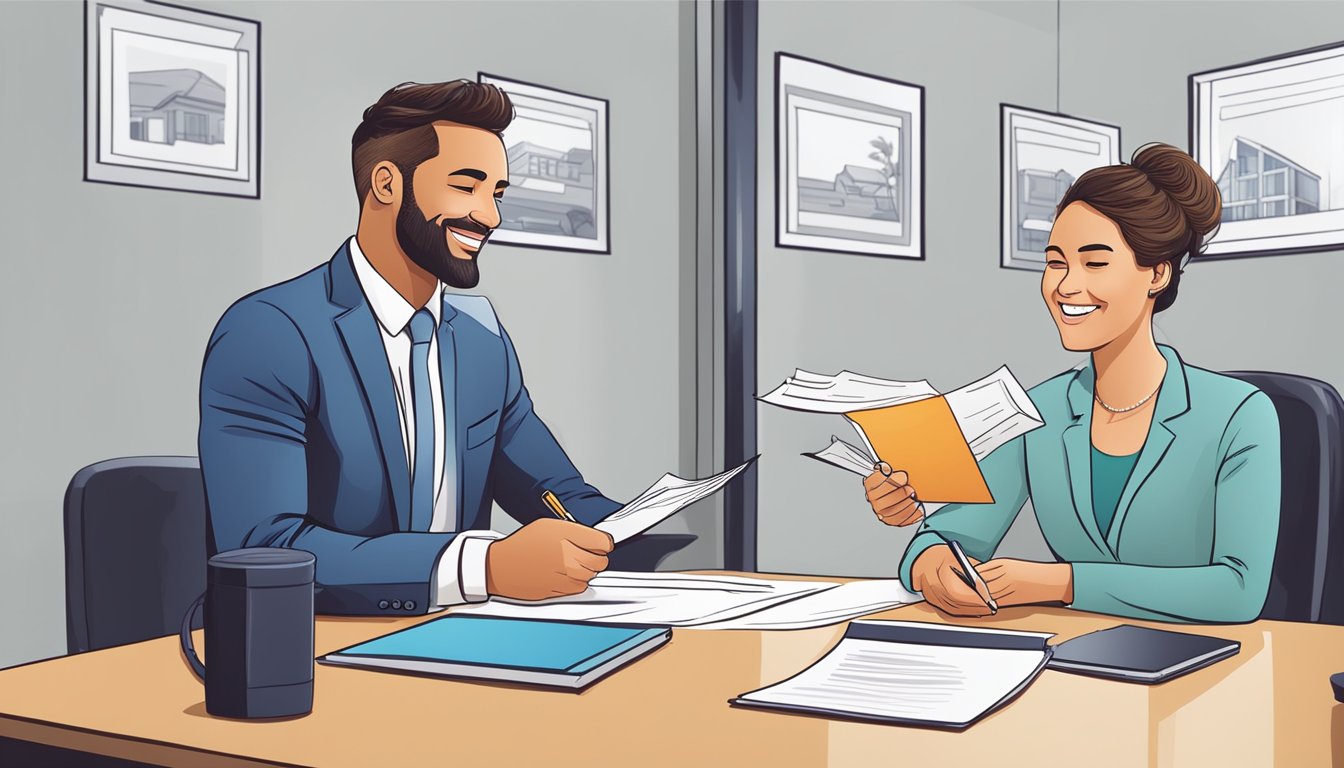 A buyer signing documents at a real estate office, with a real estate agent handing over keys and smiling