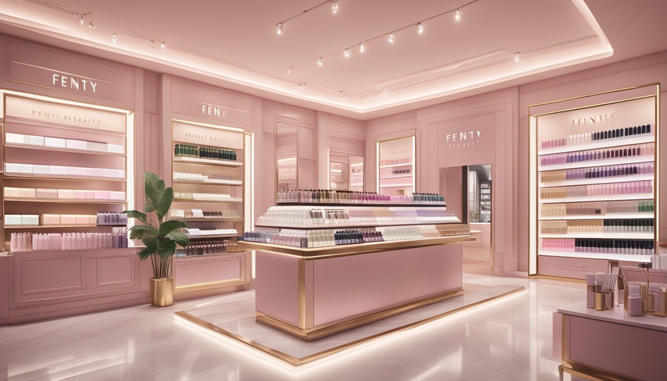 A luxurious cosmetic counter displays Fenty Beauty products with a sign advertising exclusive shopping perks in a high-end store in Singapore