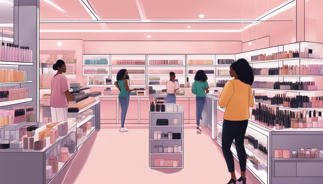 A crowded beauty store with shelves of Fenty Beauty products, customers browsing, and a sales associate assisting at the counter