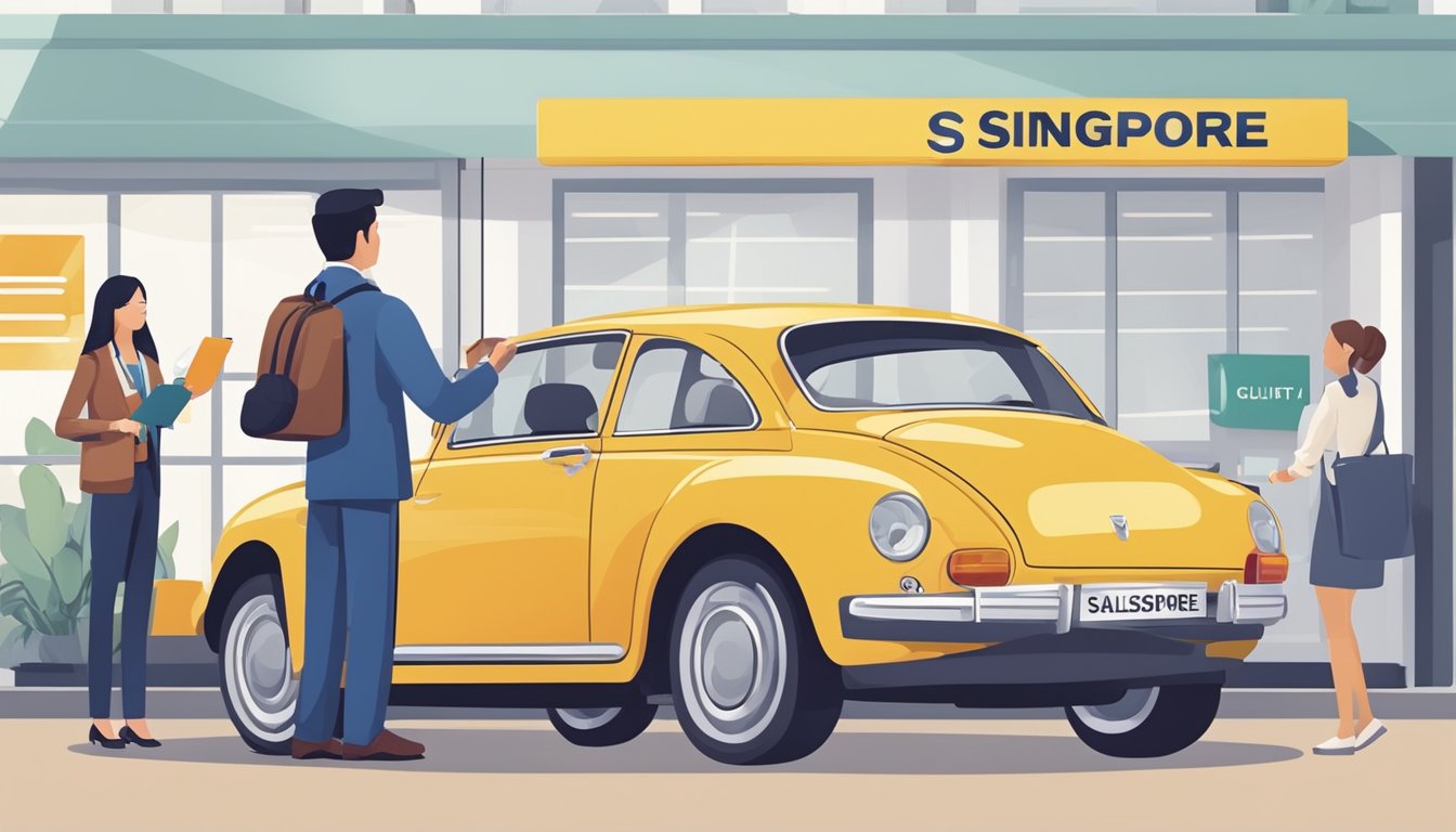 A car parked in front of a car dealership with a salesperson handing over the keys to a customer. The customer is holding a guide to buying a car in Singapore