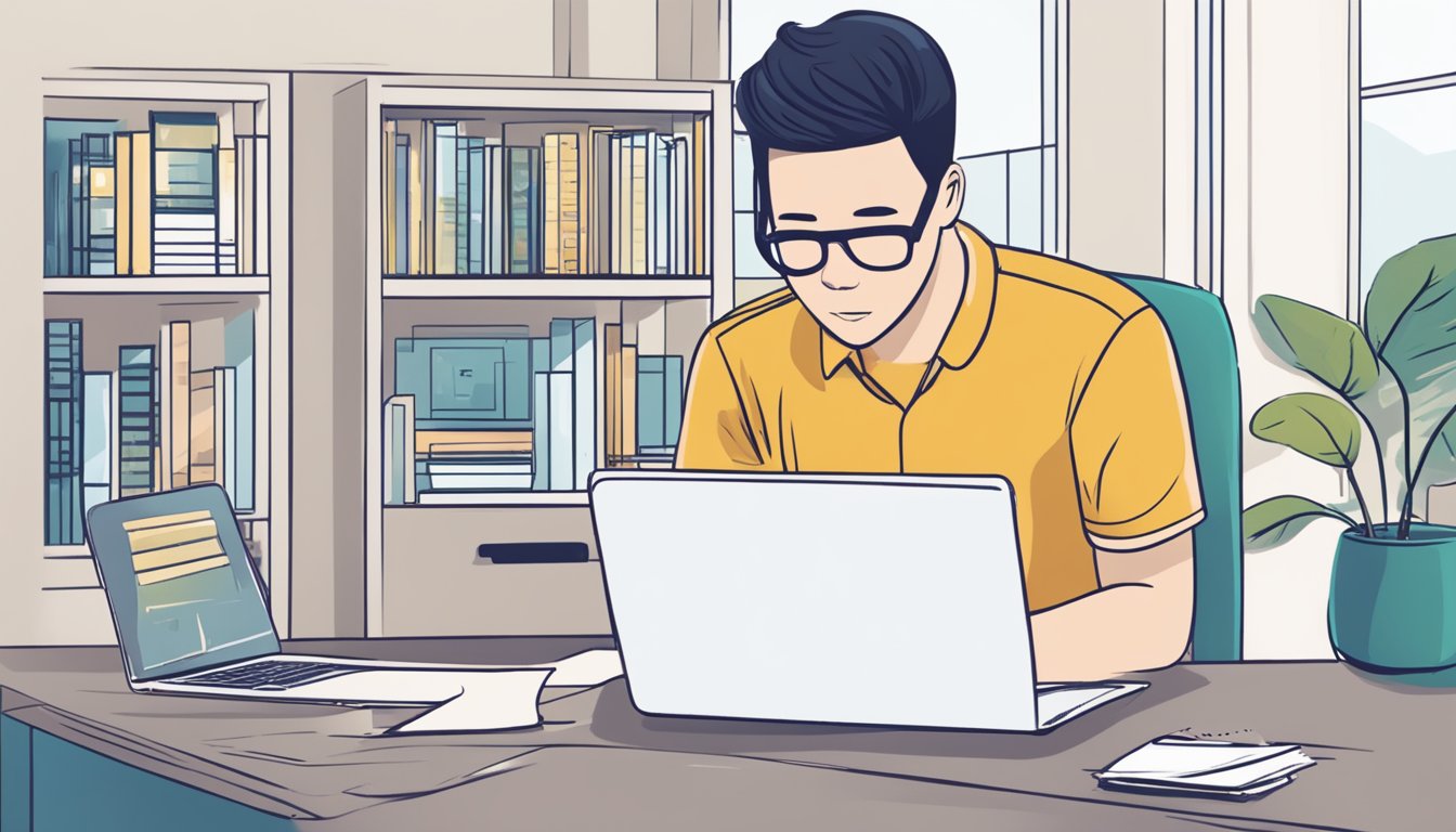 A person browsing a laptop, with a webpage open displaying the question "Can a PR buy HDB in Singapore?" and a list of frequently asked questions