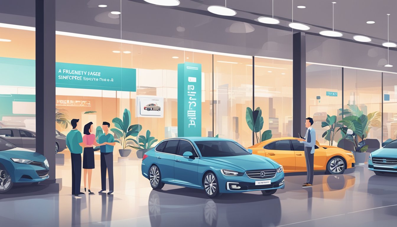A car showroom with a sign "Frequently Asked Questions guide to buying a car in Singapore" displayed prominently. Customers browsing cars and talking to sales representatives