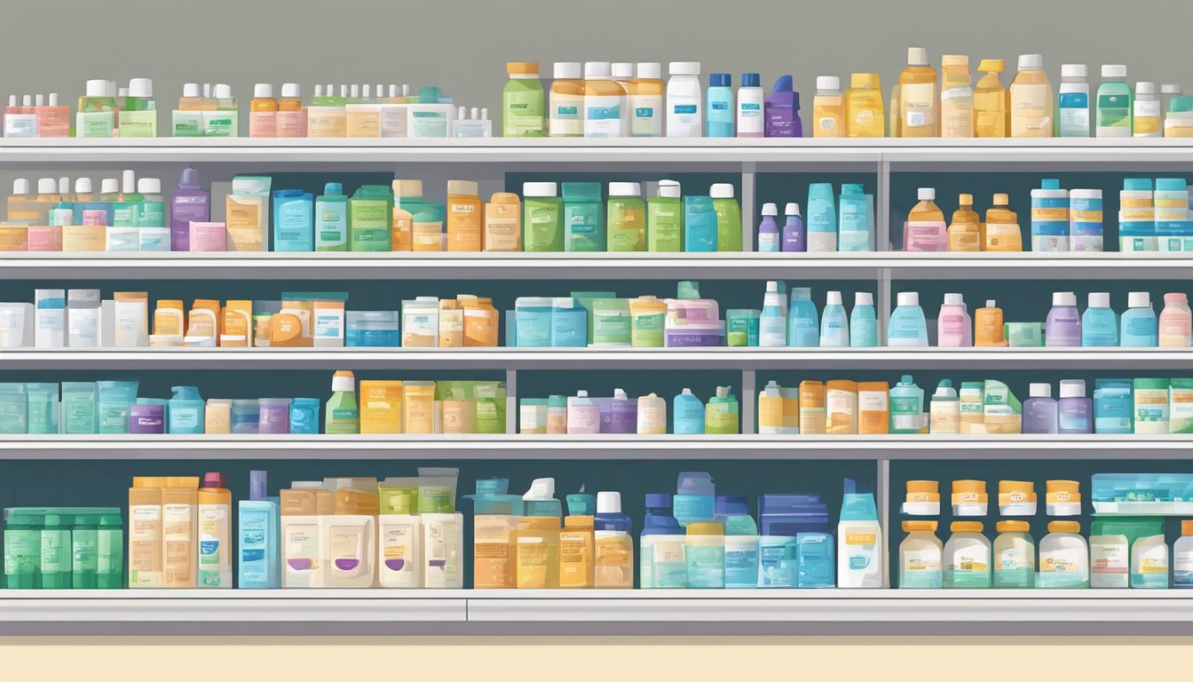 A pharmacy shelf stocked with Zovirax cream in Singapore, with a sign indicating "Frequently Asked Questions" for customers