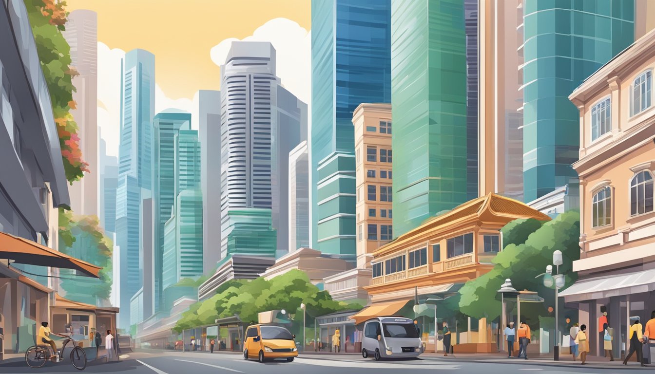 The bustling city of Singapore with a skyline of modern skyscrapers and a mix of traditional shophouses, showcasing the diverse real estate market