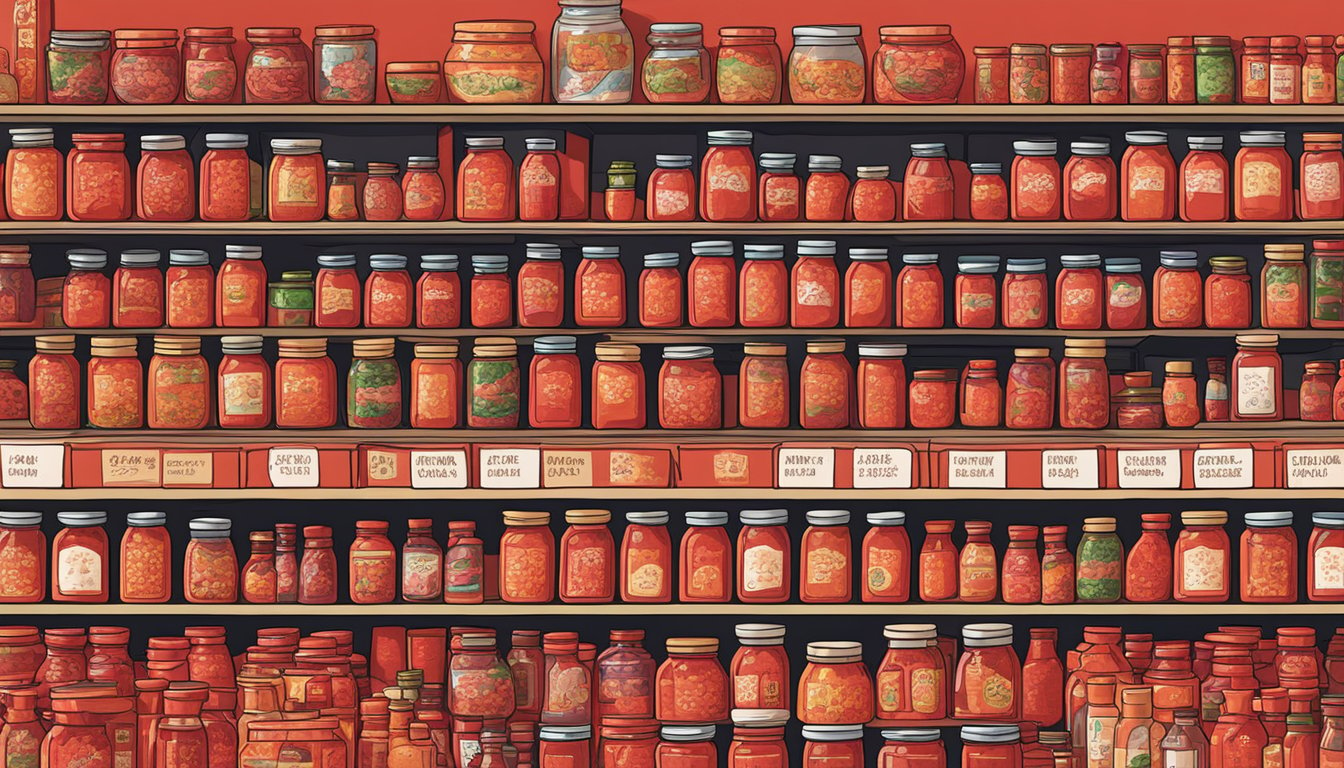 A bustling Asian market stall displays rows of gochujang jars in vibrant red packaging, with a sign indicating "Gochujang for sale" in both English and Korean