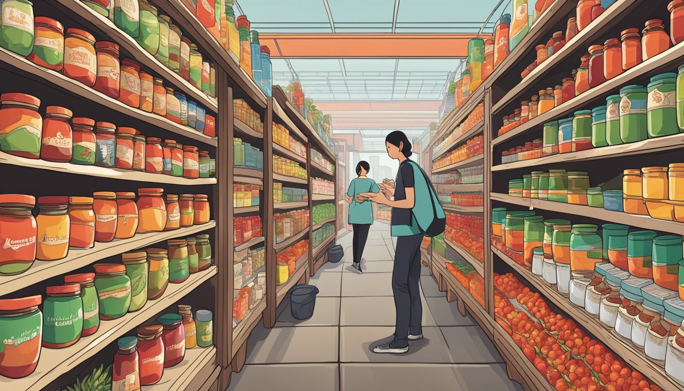 A bustling Asian market stall displays rows of Gochujang jars. Brightly colored labels catch the eye, while shoppers inspect the spicy condiment