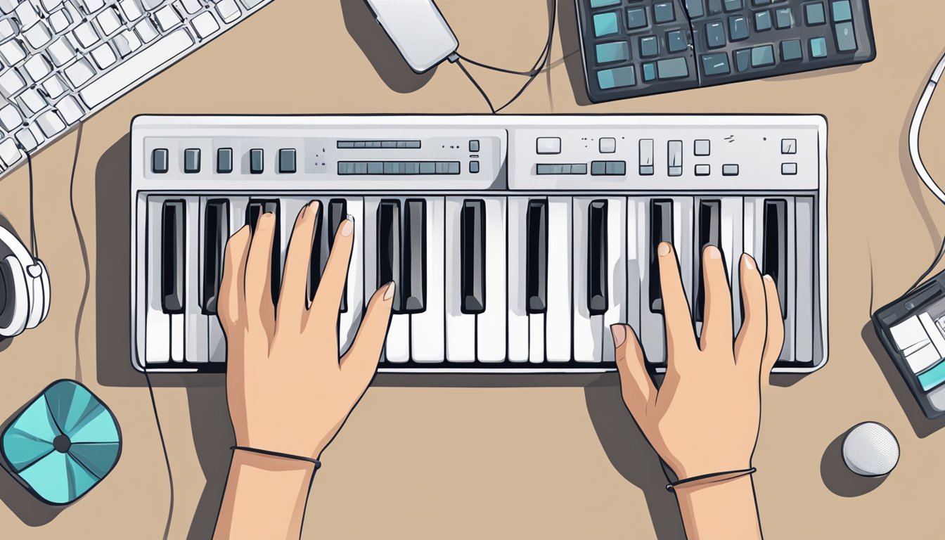 A hand hovers over a keyboard, clicking to purchase albums online. Music notes and sound waves float around the screen
