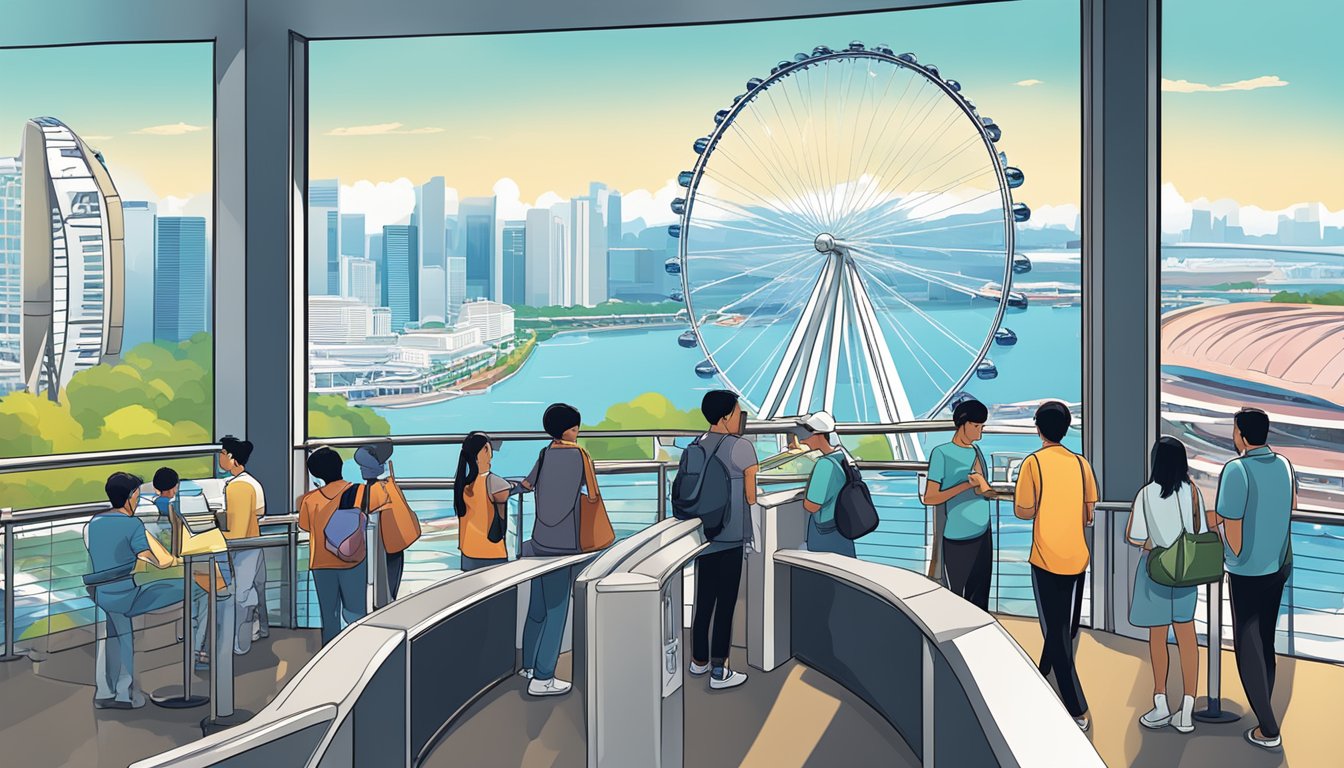 Visitors purchasing tickets at the Singapore Flyer ticket counter with a view of the iconic observation wheel in the background