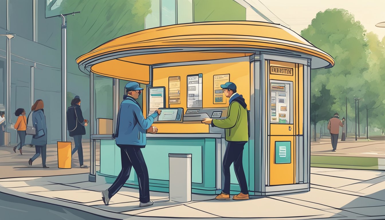 A person approaches a ticket booth, selects a ticket, and pays with cash or a credit card. The ticket seller hands over the ticket and the person walks away with it