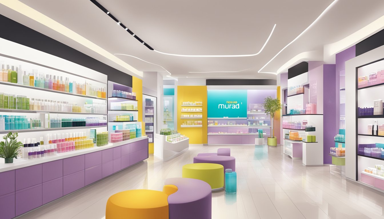 A bright and modern skincare store in Singapore, featuring Murad products prominently displayed. Clean lines and vibrant colors draw in customers