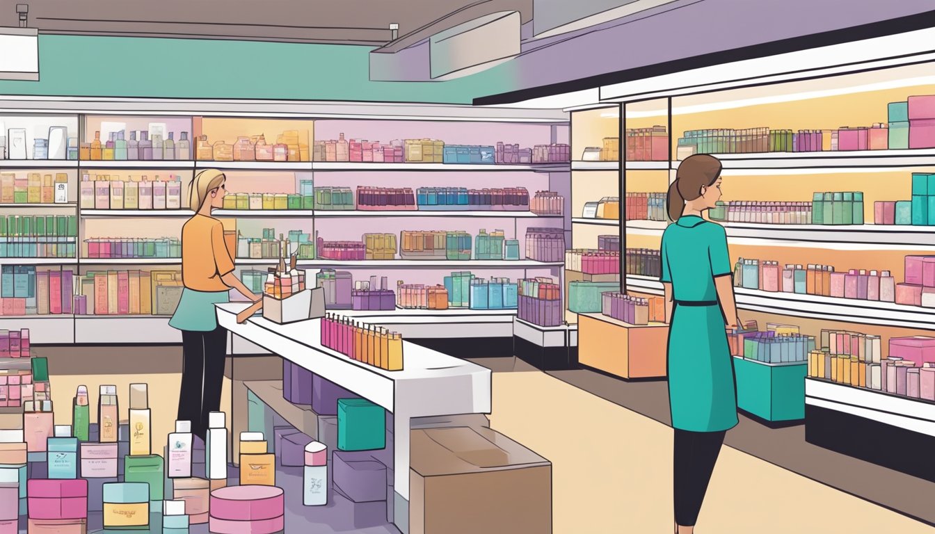 A bustling beauty store with shelves stocked with Murad products, a bright and inviting display, and a helpful sales associate assisting a customer