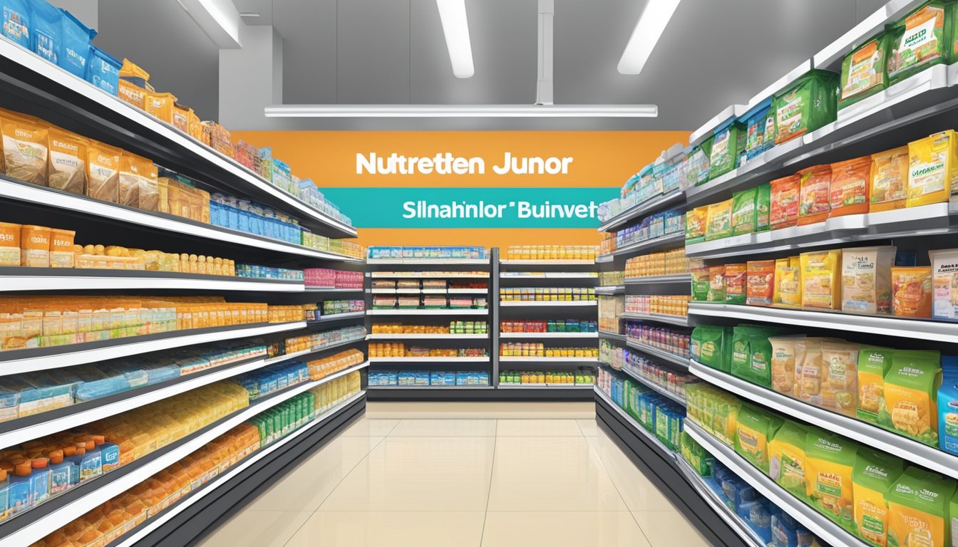 Shelves stocked with Nutren Junior in a Singapore store, with clear signage indicating where to buy