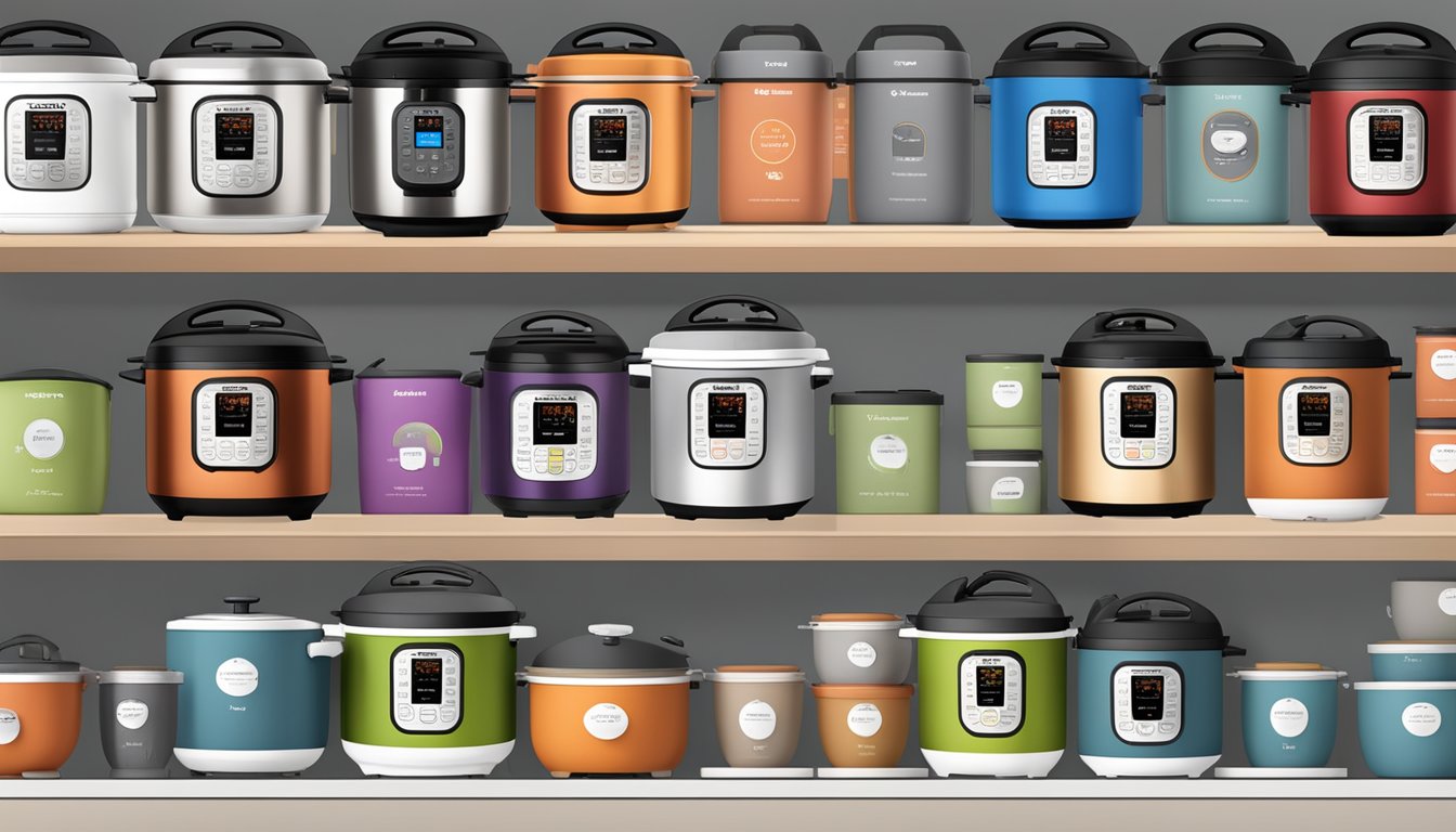 A variety of Instant Pot models and features are displayed on shelves in a well-lit store, with labels indicating prices and specifications