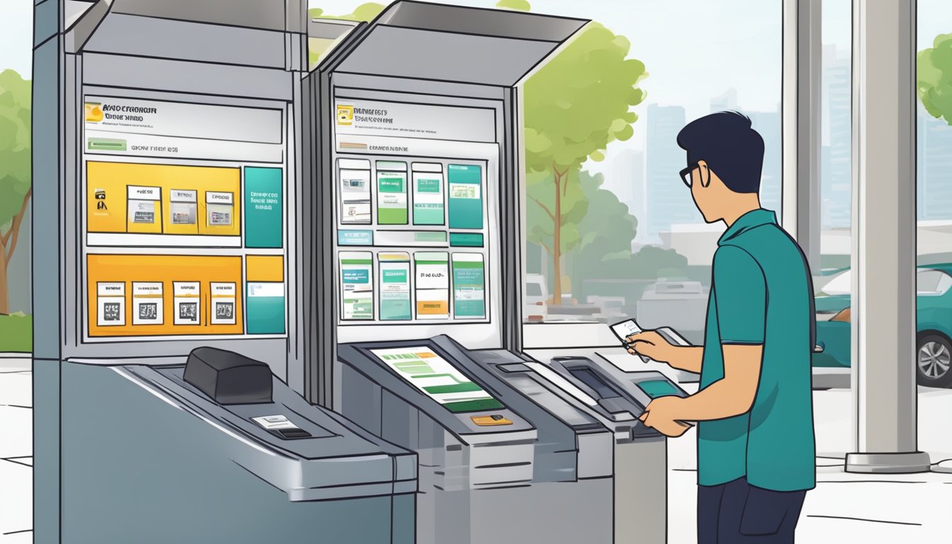 A person purchasing a parking coupon at a kiosk in Singapore. The kiosk has a display of available coupons and a payment slot