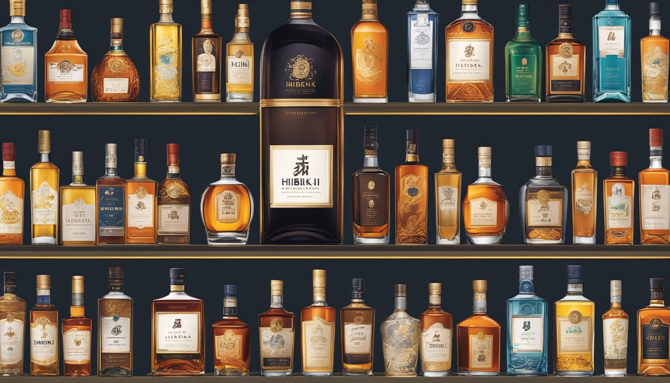 A bustling liquor store in Singapore displays rows of premium spirits, including the sought-after Hibiki whisky, with elegant packaging and prominent branding