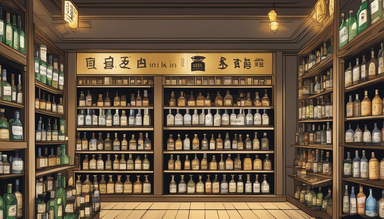 A store shelf filled with bottles of Hibiki whisky, with a sign reading "Where to buy Hibiki in Singapore" prominently displayed