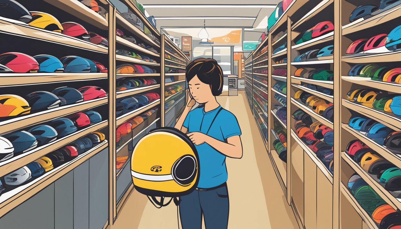 A person carefully selects a bike helmet from a display in a well-lit store. The shelves are filled with various styles and colors, and the person examines each one closely before making a decision