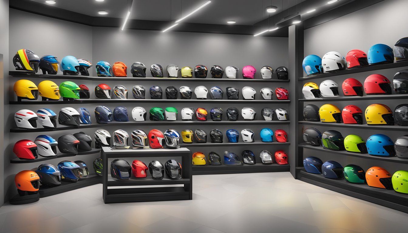 A display of bike helmets in a Singapore store, with various brands and styles showcased on shelves and mannequins