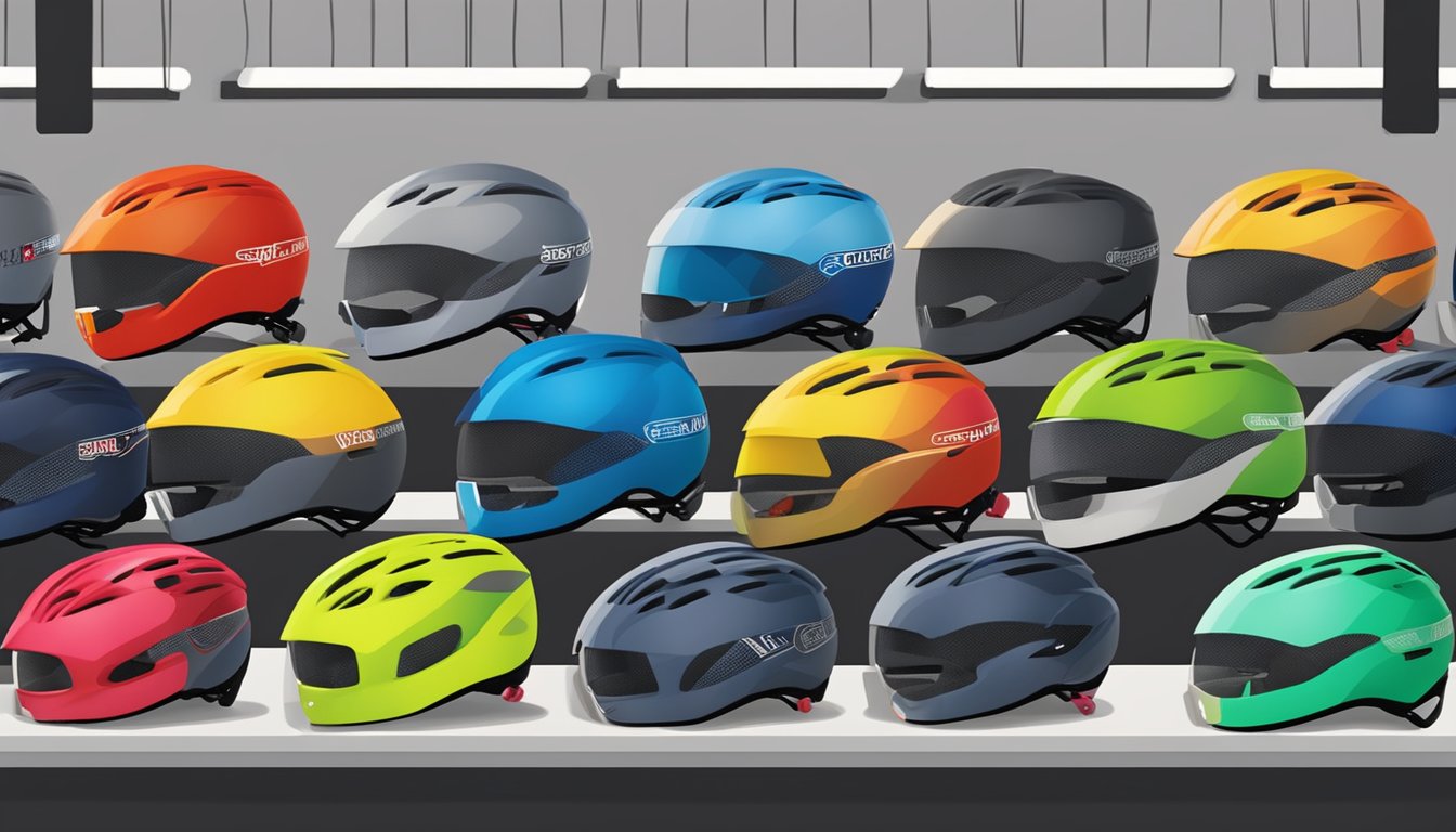 A display of various bike helmets with a sign reading "Frequently Asked Questions buy bike helmet singapore" in a bicycle shop