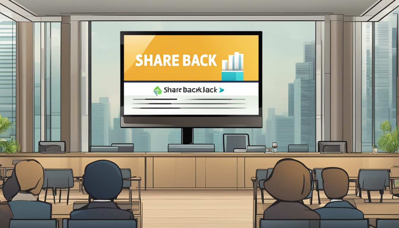 A company logo displayed on a digital screen with a "Share Buy Back" announcement in Singapore