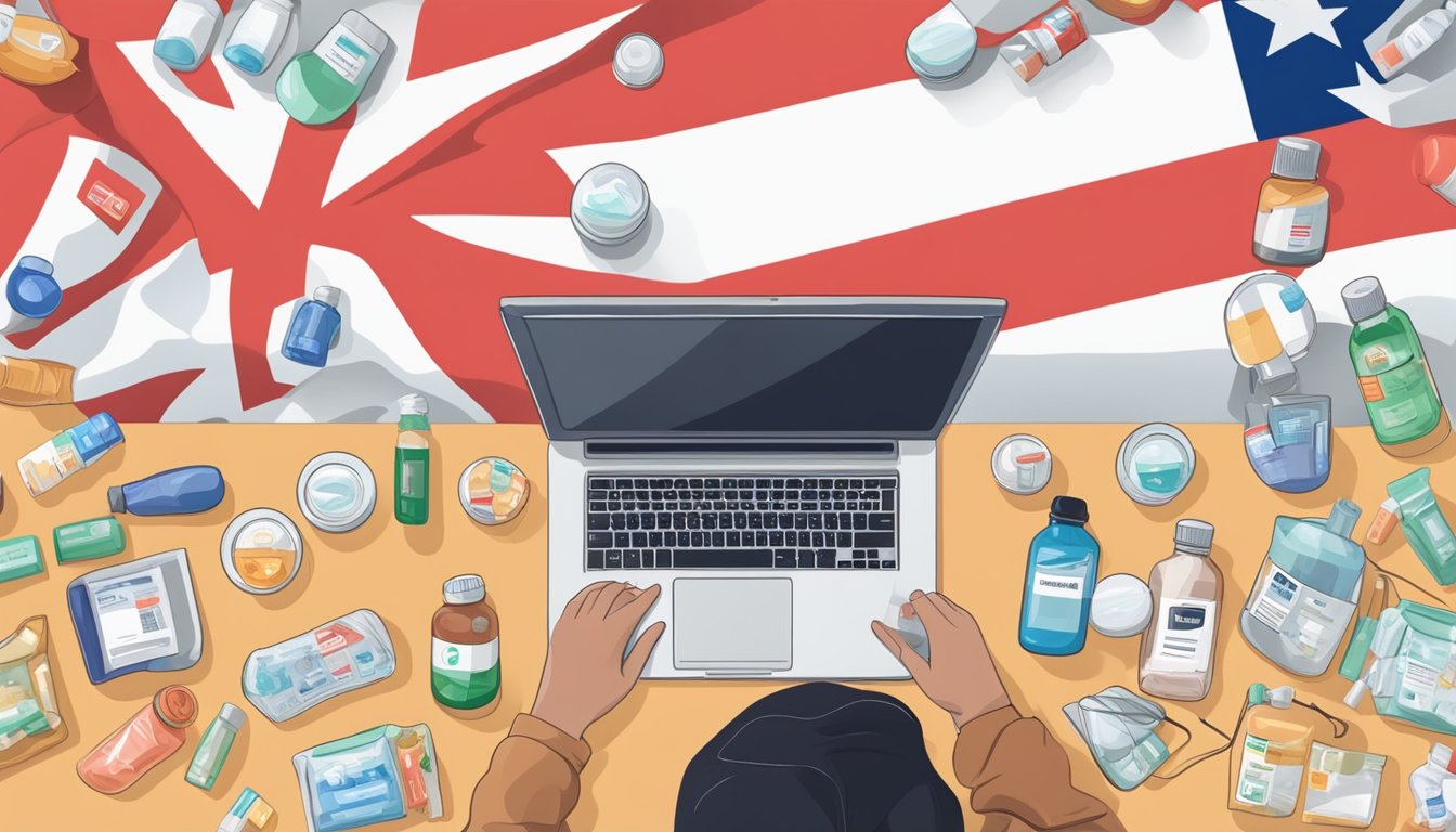A person browsing a laptop, surrounded by various pharmaceutical products, with a Singaporean flag in the background