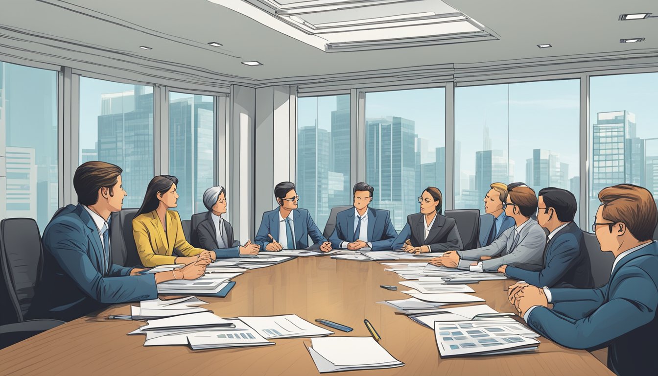 A boardroom table with financial reports and charts, surrounded by executives in deep discussion. A stack of share buyback documents sits prominently in the center