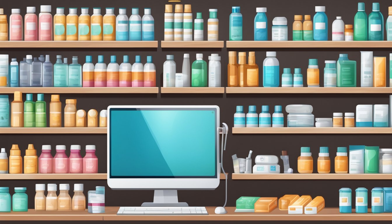 A pharmacy shelf stocked with various healthcare products and medication, with a computer for online orders and delivery logistics