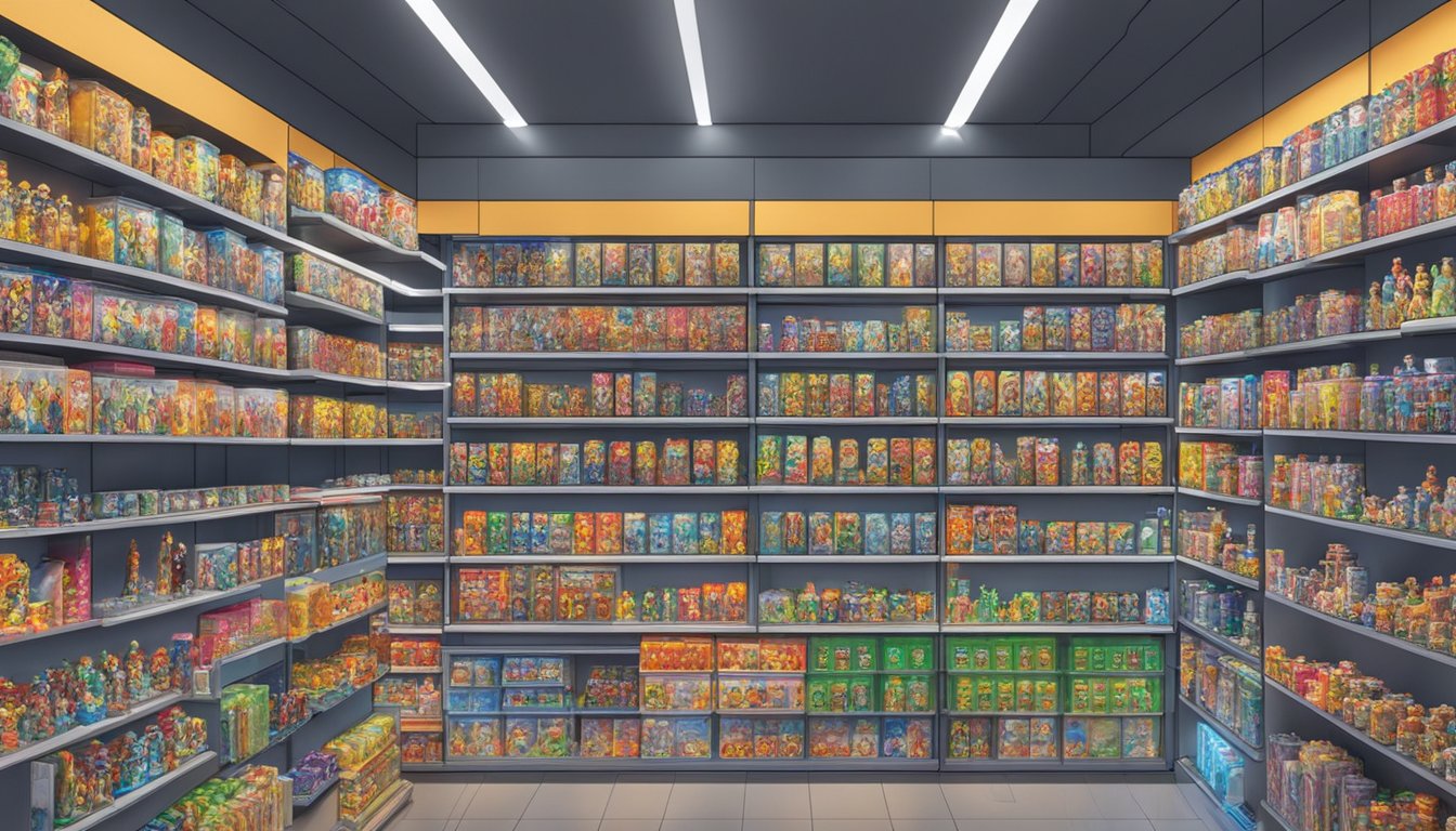 Shelves of action figures fill a brightly lit store in Singapore, with rows of colorful packaging and various characters on display