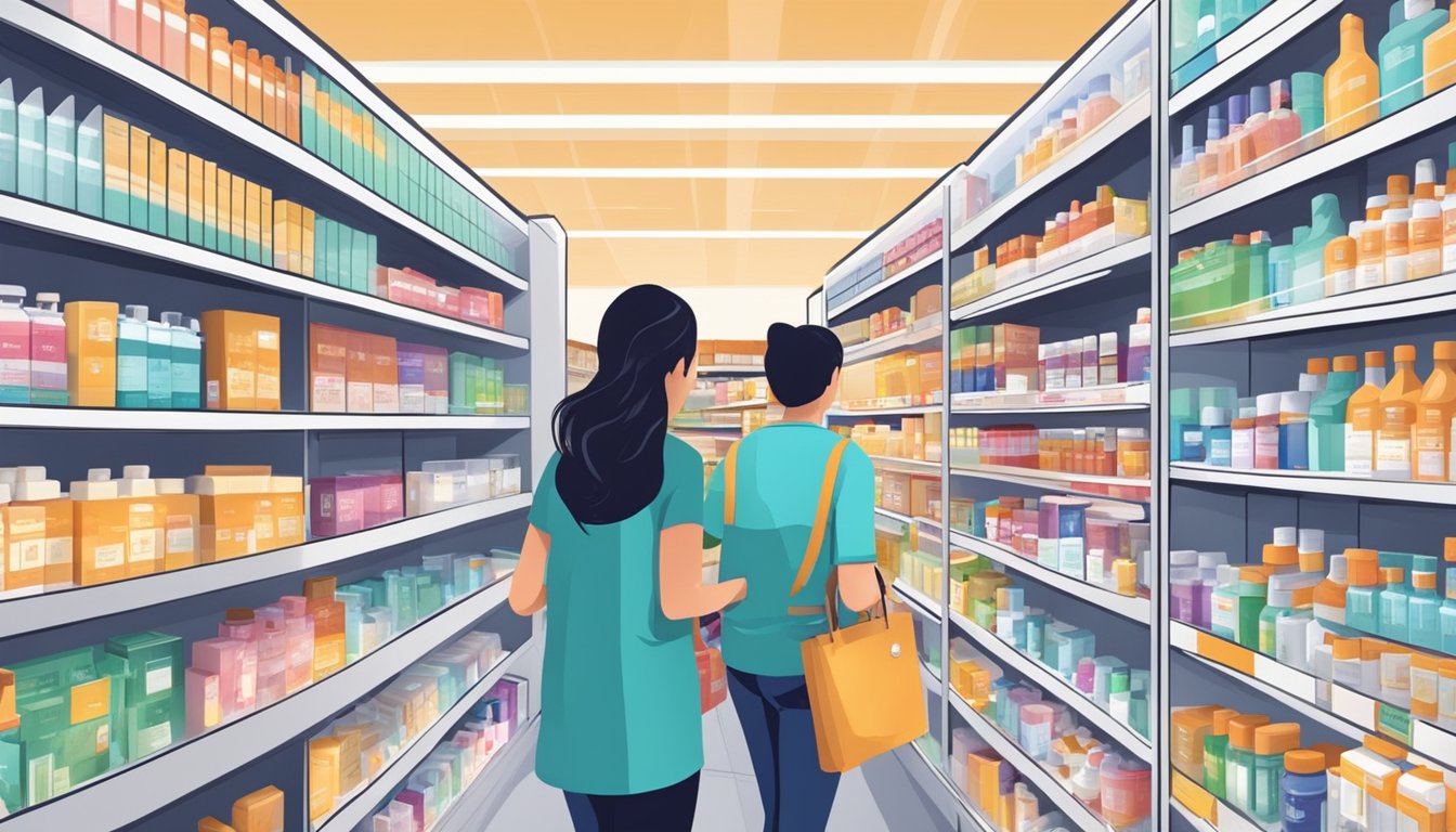 Customers browsing shelves of pharmaceutical products in a modern Singapore pharmacy