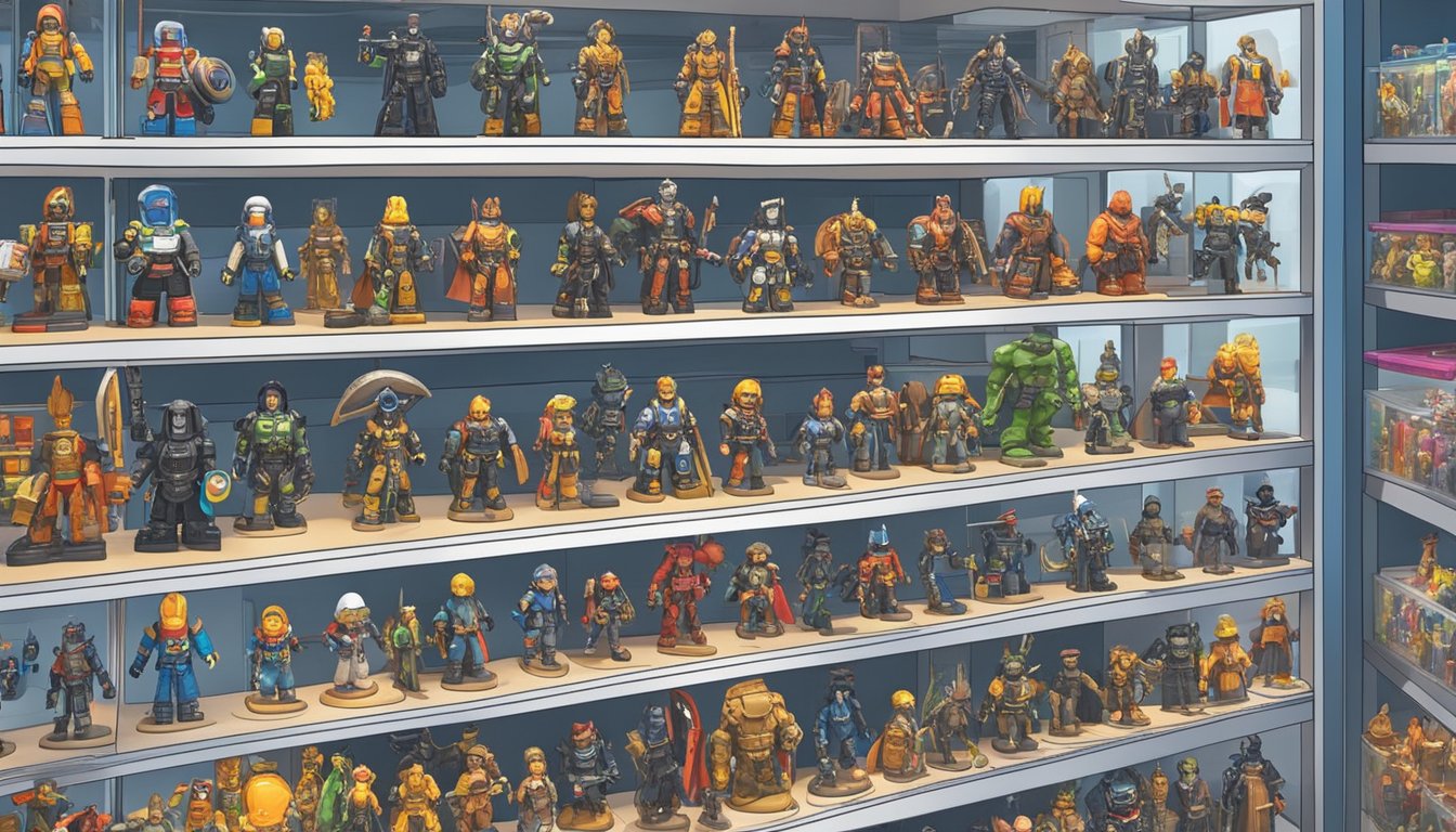 A shelf filled with various action figures in a toy store, with signs indicating "New Arrivals" and "Limited Editions" in Singapore