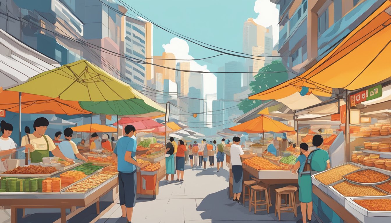 A colorful display of iconic Singaporean delights, including chili crab, kaya toast, and laksa, are arranged on a bustling street market