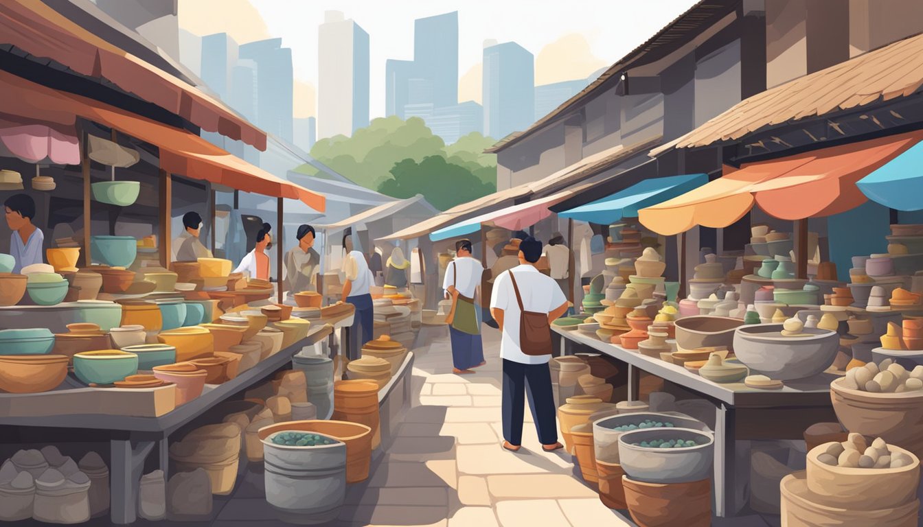 A bustling marketplace in Singapore, with colorful stalls selling various kitchenware. A vendor proudly displays a collection of stone mortar and pestles, inviting customers to feel the smooth, cool surface of the stone