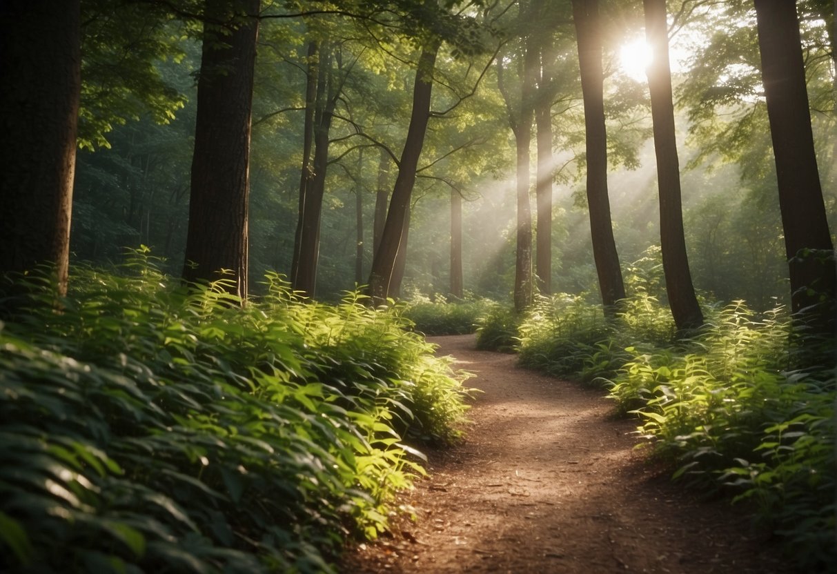 A serene path winds through a lush forest, sunlight filtering through the leaves. Birds chirp and a gentle breeze rustles the trees, creating a peaceful atmosphere