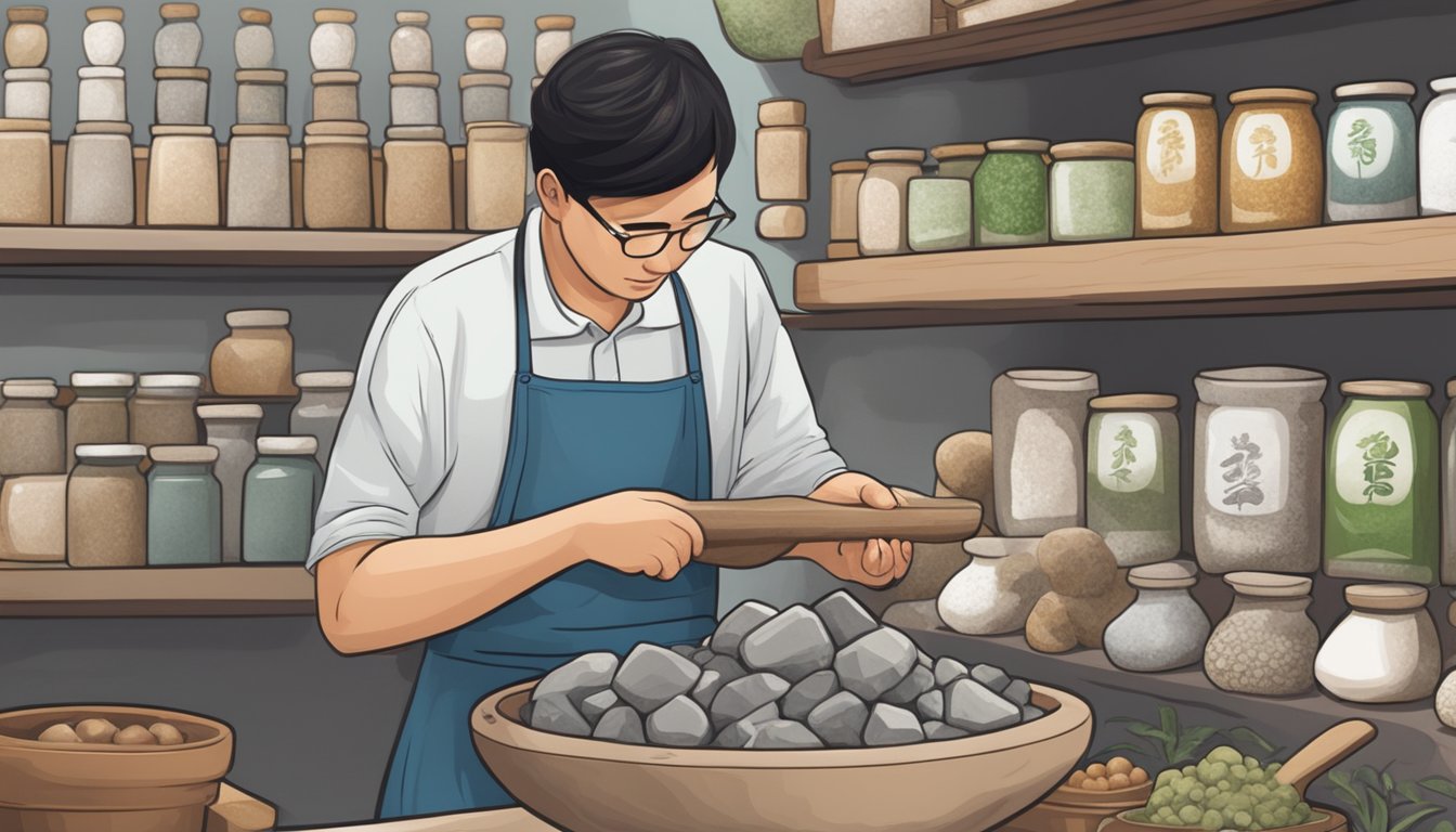 A person choosing a stone mortar and pestle in a Singaporean shop