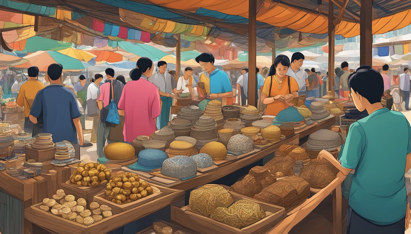 Colorful display of cultural artifacts and souvenirs, including intricate handmade crafts, traditional clothing, and unique trinkets, arranged neatly in a bustling Singaporean market