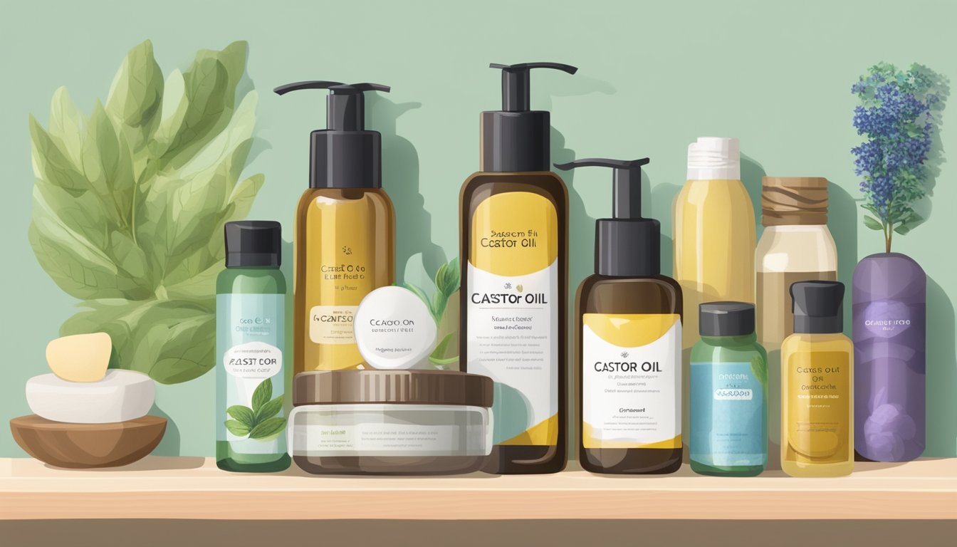 A bottle of castor oil sits on a shelf, surrounded by various beauty and health products. A sign above it reads "Benefits and Uses of Castor Oil." The background shows a serene and inviting environment