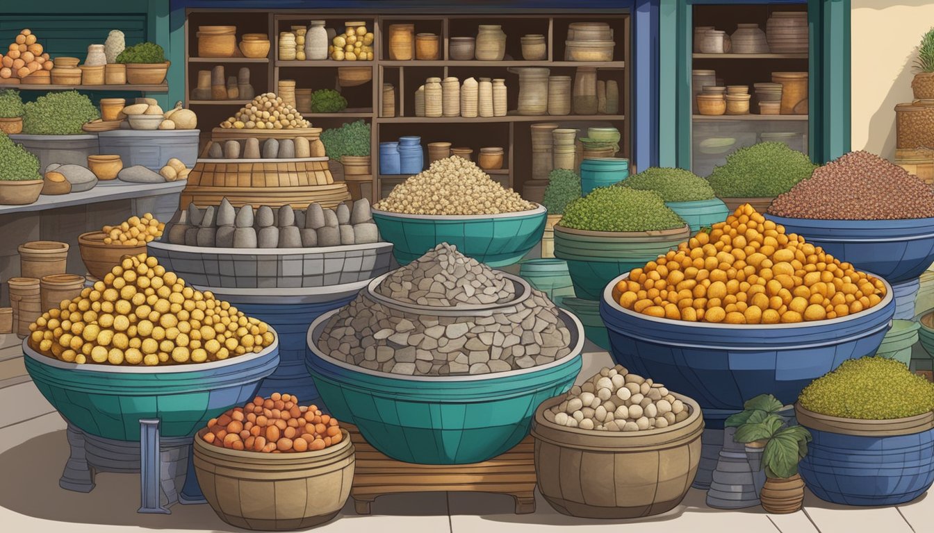 A bustling market stall in Singapore displays a variety of stone mortar and pestle sets, with vibrant colors and intricate designs, attracting the attention of passersby