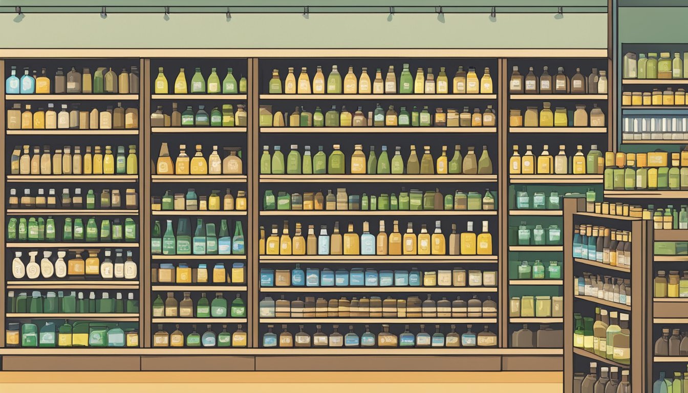 A shelf in a Singaporean store stocked with bottles of castor oil, with a sign reading "Frequently Asked Questions: Where can I buy castor oil in Singapore?"