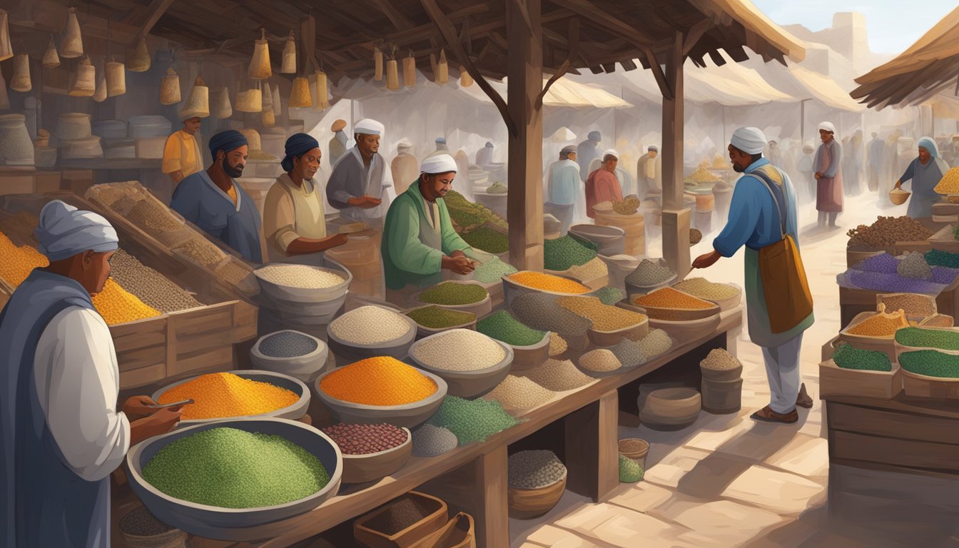 A bustling marketplace with vendors selling various stone mortar and pestle sets. Customers inquire and inspect the products, while some make purchases