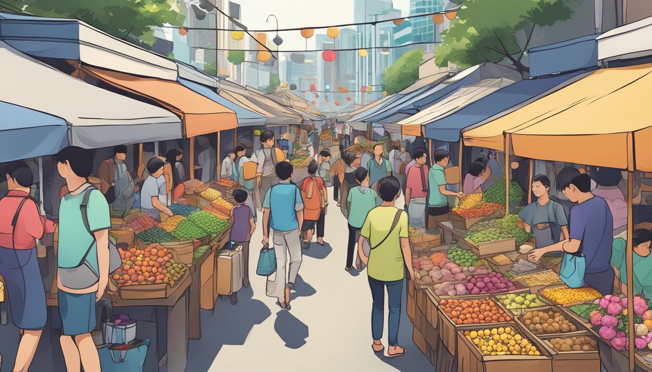 A bustling street market in Singapore, with colorful stalls selling affordable souvenirs and trinkets to tourists