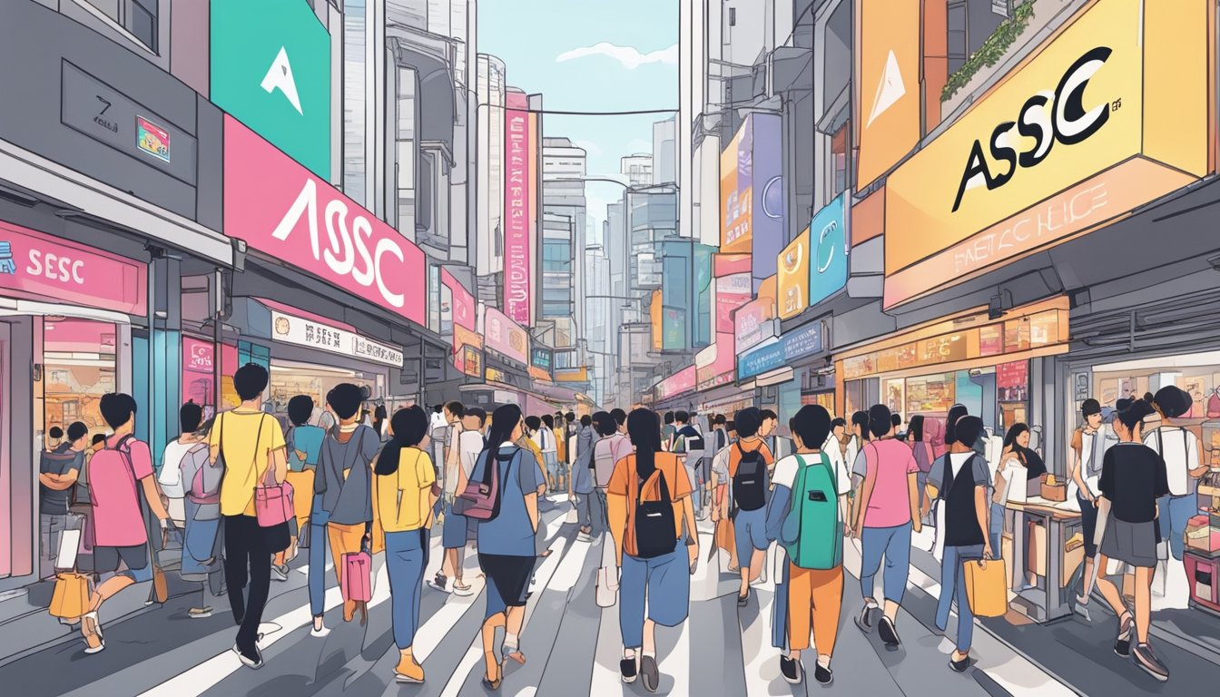 A bustling street in Singapore, lined with modern storefronts and bright signs, showcasing the popular brand "ASSC" with eager customers entering and exiting the store