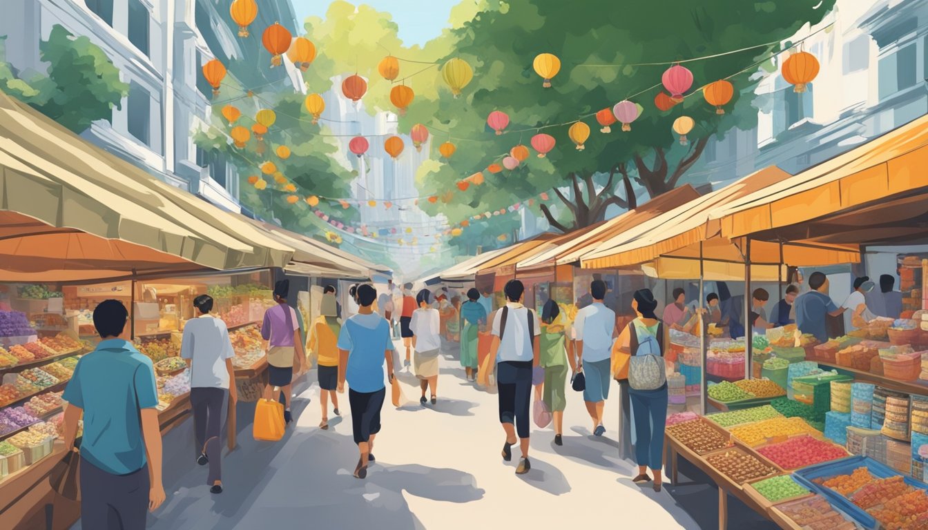 A bustling market street lined with colorful stalls selling a variety of affordable souvenirs and trinkets. Brightly decorated shops with enticing displays draw in tourists seeking mementos of their visit to Singapore