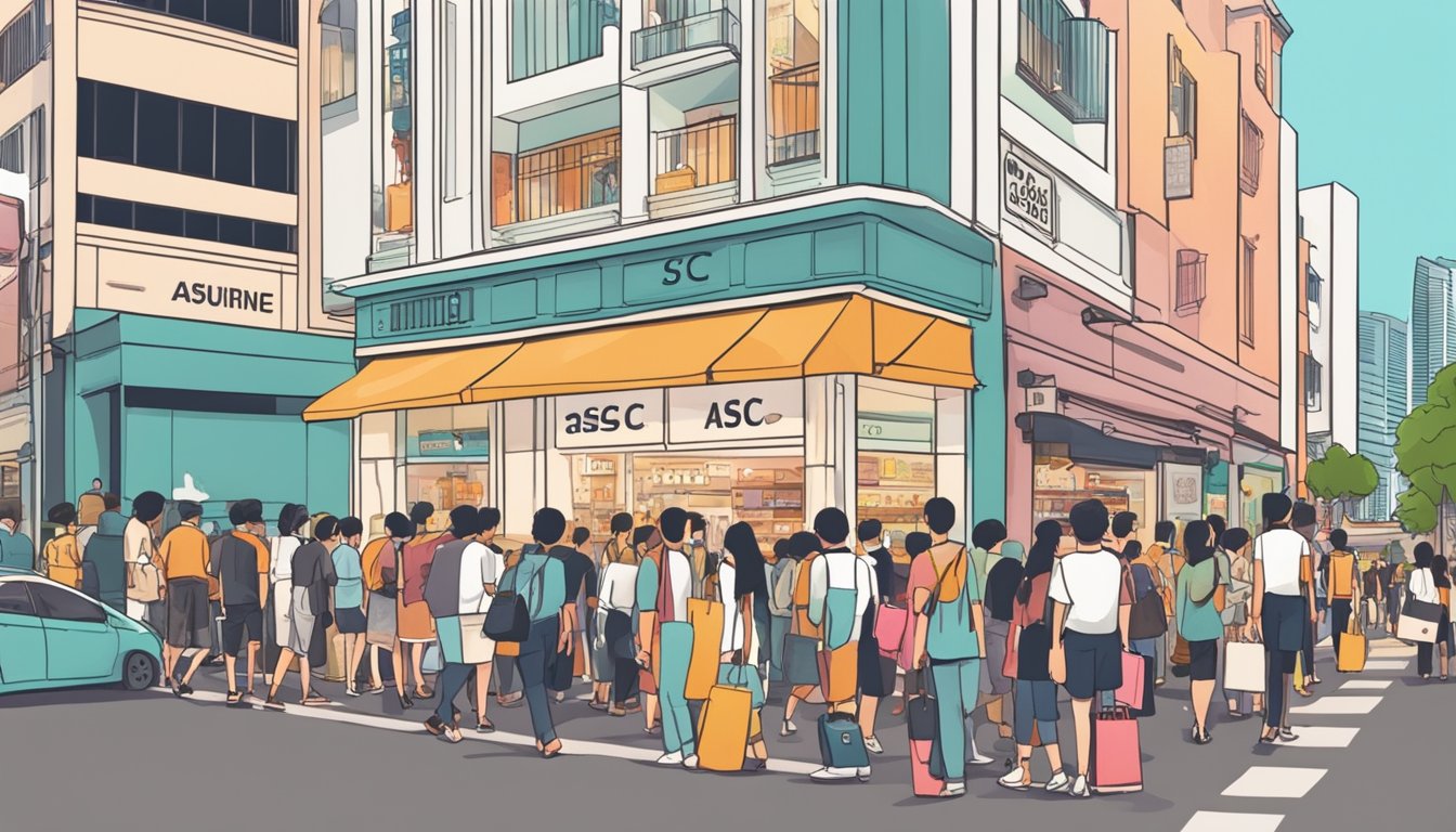 A crowded street in Singapore, with a line of people outside a trendy store labeled "ASSC." Signs advertise authentic purchases and highlight the store's reputation