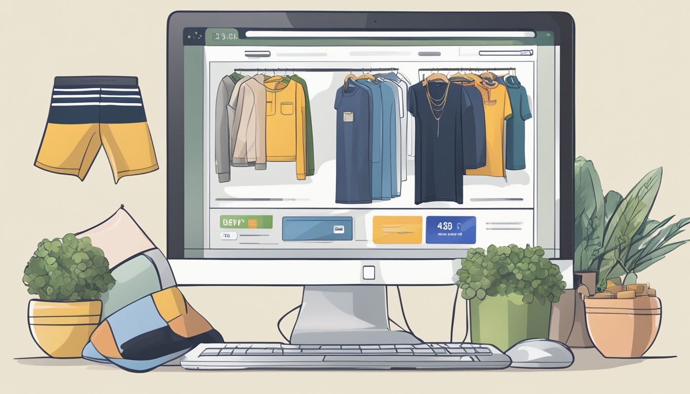 A computer screen displaying a variety of clothing items with a "buy now" button. A credit card and a shipping address form are also visible