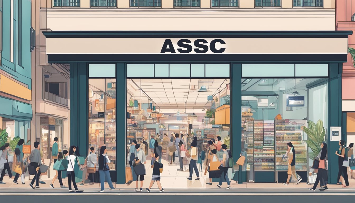 A busy street in Singapore with a prominent store front displaying "ASSC" logo, surrounded by curious shoppers and a sign with "Frequently Asked Questions" prominently displayed