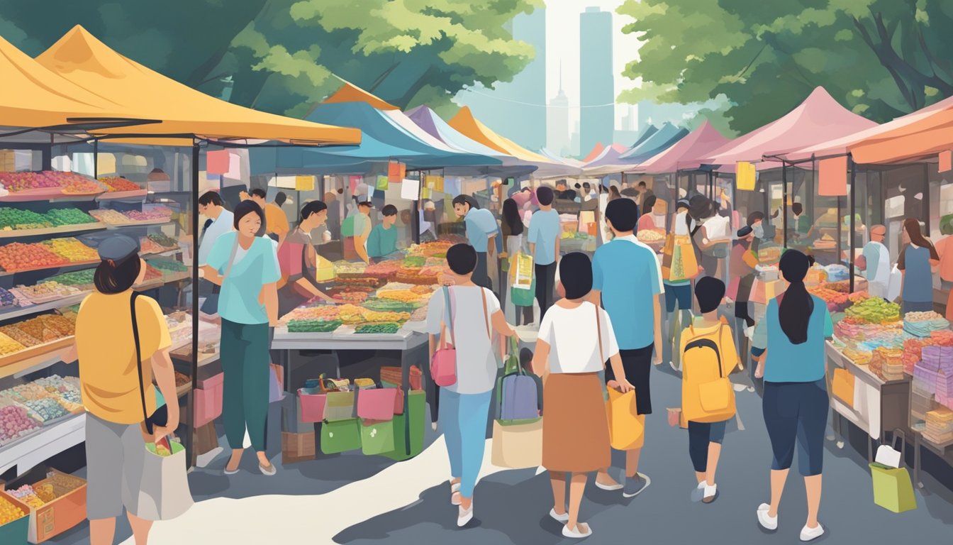 A bustling market stall in Singapore, filled with colorful and affordable souvenirs, attracts eager shoppers seeking cheap mementos